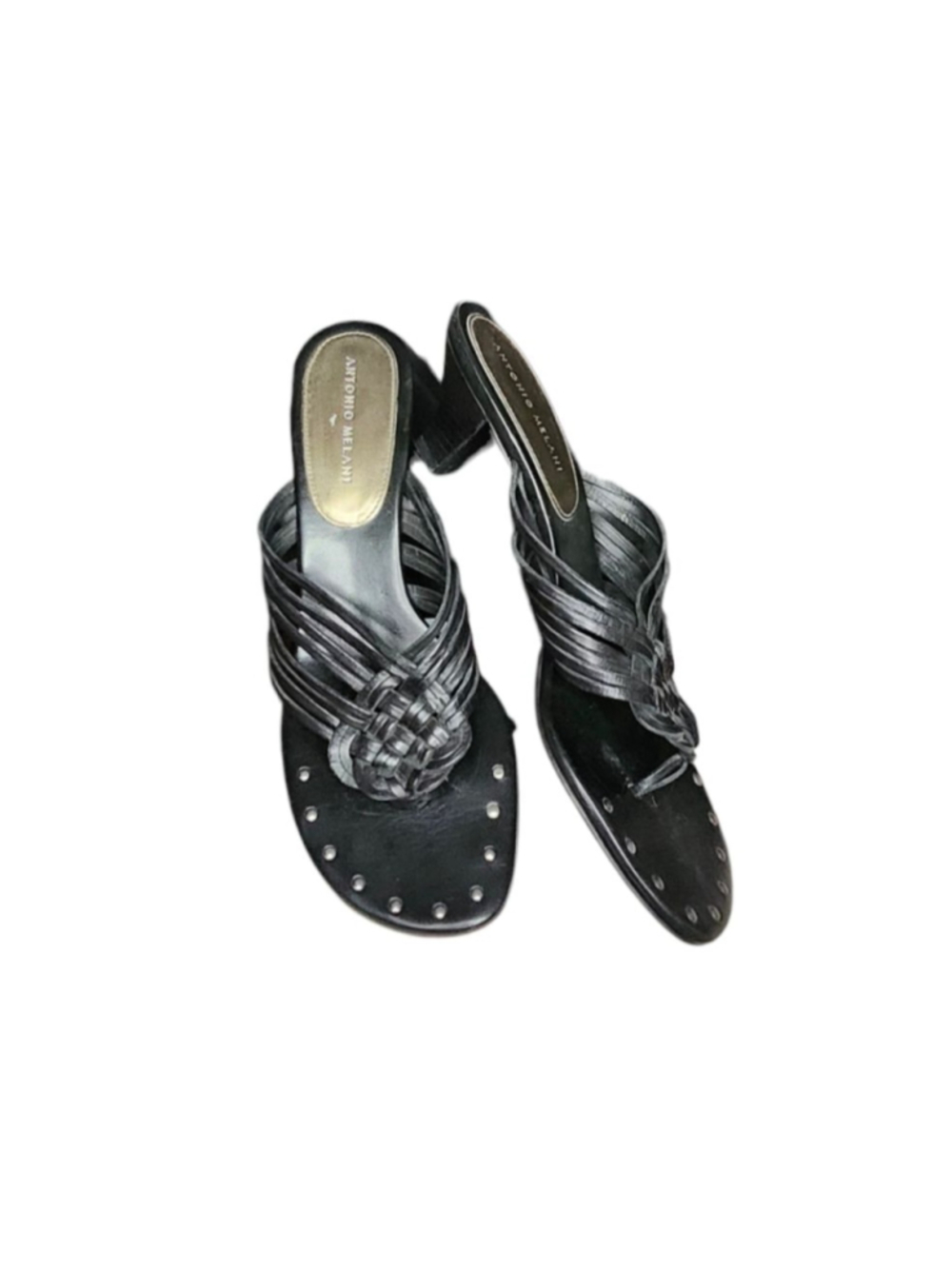 Antonio Melani Black Leather Woven Strappy Studded Heeled Sandals Mules 10